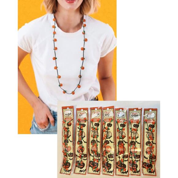 7 Halloween Light Up Pumpkin Necklaces Ultra Bright 20 Bulb Strands Battery Incl - Picture 1 of 7